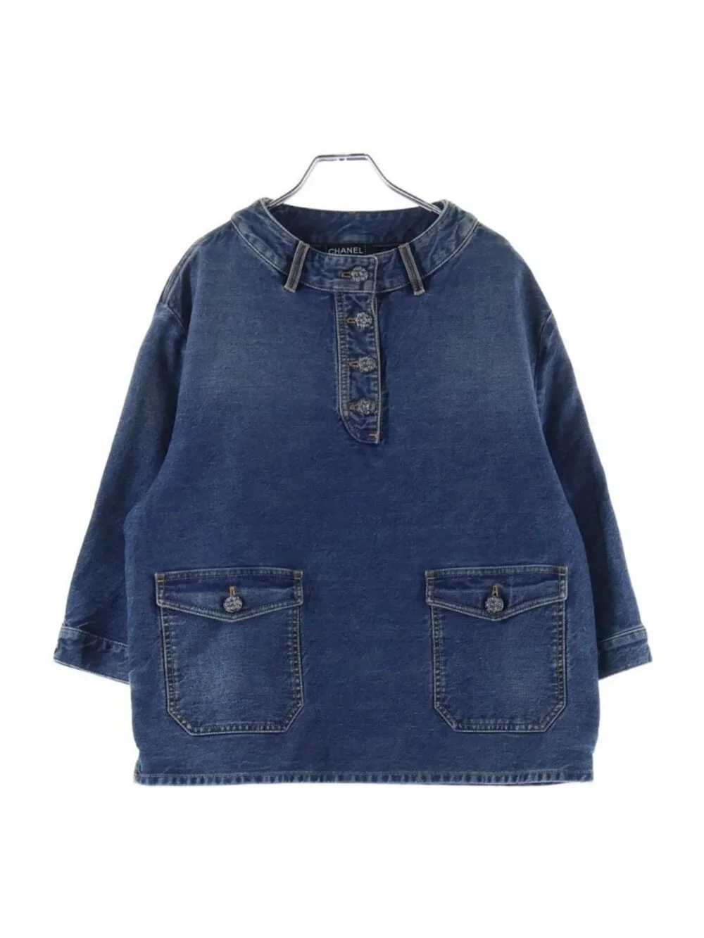 Chanel Rhinestone CC Button Washed Denim Blouse Indigo